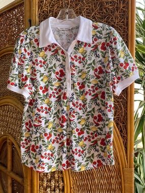 Emily Daniels White Polo with Cherry & Lemon Print Golf Pickleball New Condition
